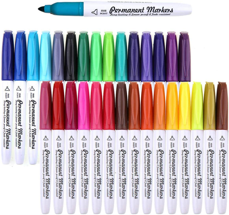 Permanent Marker, 30 Colors Fine Point Permanent Markers, Works Well on Paper, C