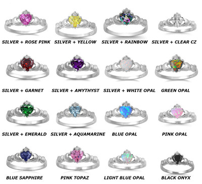 Irish Claddagh Multigemstone Heart Cubic Zirconia Ring .925 Sterling Silver Ring