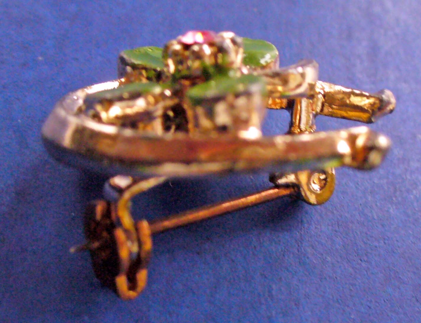 PIN St Patrick Vtg HORSESHOE 4 Leaf CLOVER Enamel Rhinestone Irish Holiday