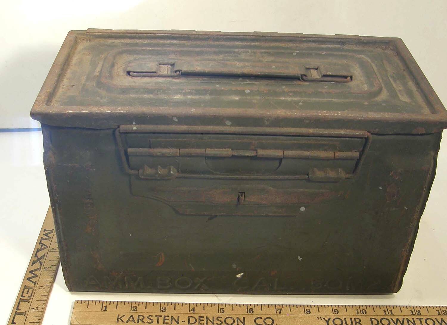 WWII ERA AMMO BOX 50M2 STEEL CAN 105 CAL 50 LINKED 2AP-2I WWII ERA AMMO BOX 50M2 STEEL CAN 105 CAL 50 LINKED 2AP-2I