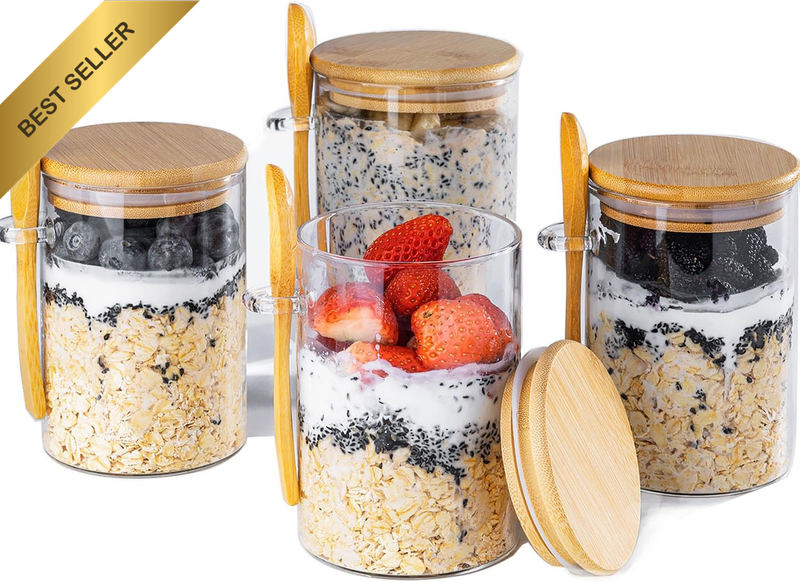 4 Pack 16oz Glass Overnight Oats Jars Lids Meal Prep Yogurt Cereal