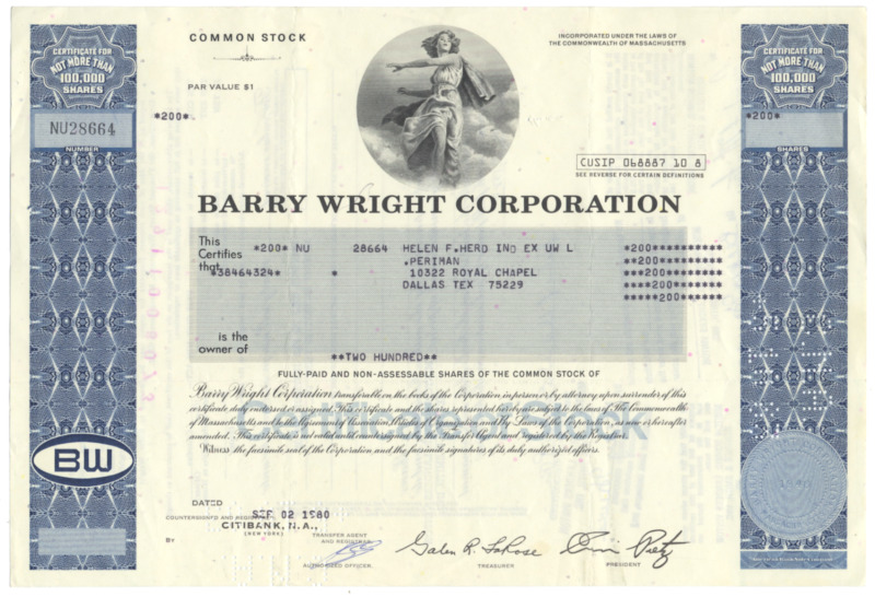 Barry Wright Corporation Stock Certificate (Massachusetts, Aeronautics)