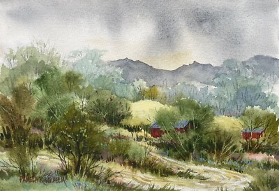 Pamela Wilhelm original 7 x10   Watercolor Red Barns Back Road Summer Landscape