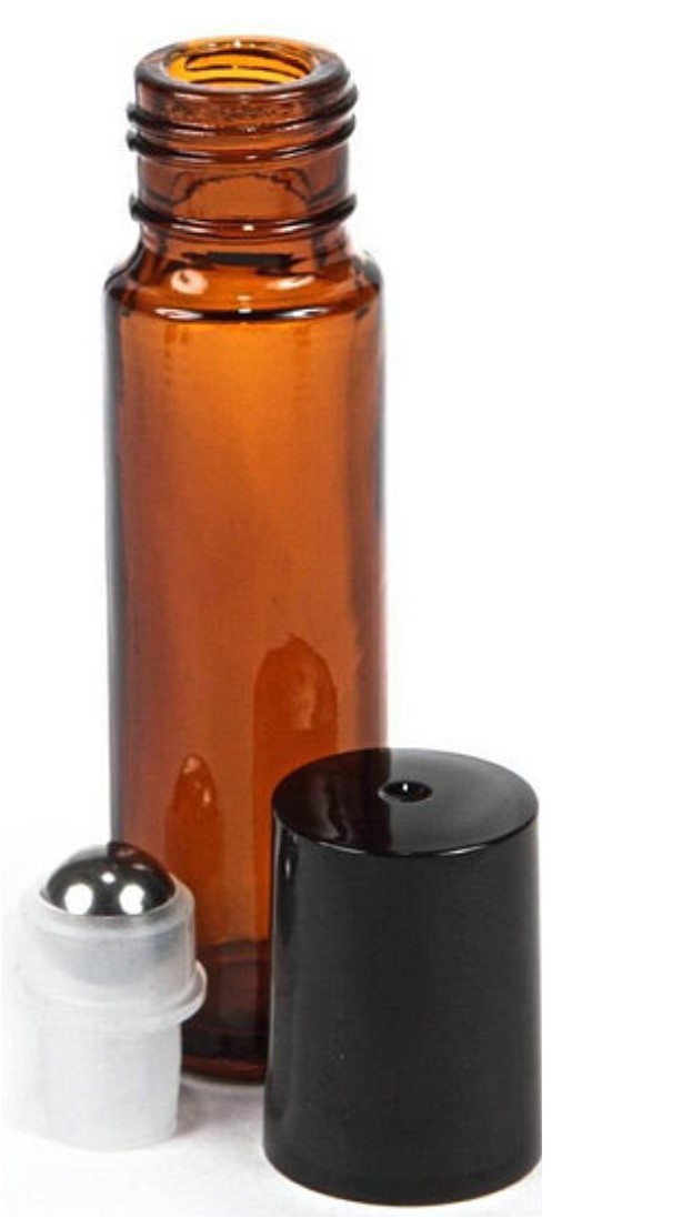 12 AMBER Bottles 1/3 oz.10 ml EMPTY Glass Roll on W/ BLACK Cap & Steel Roller