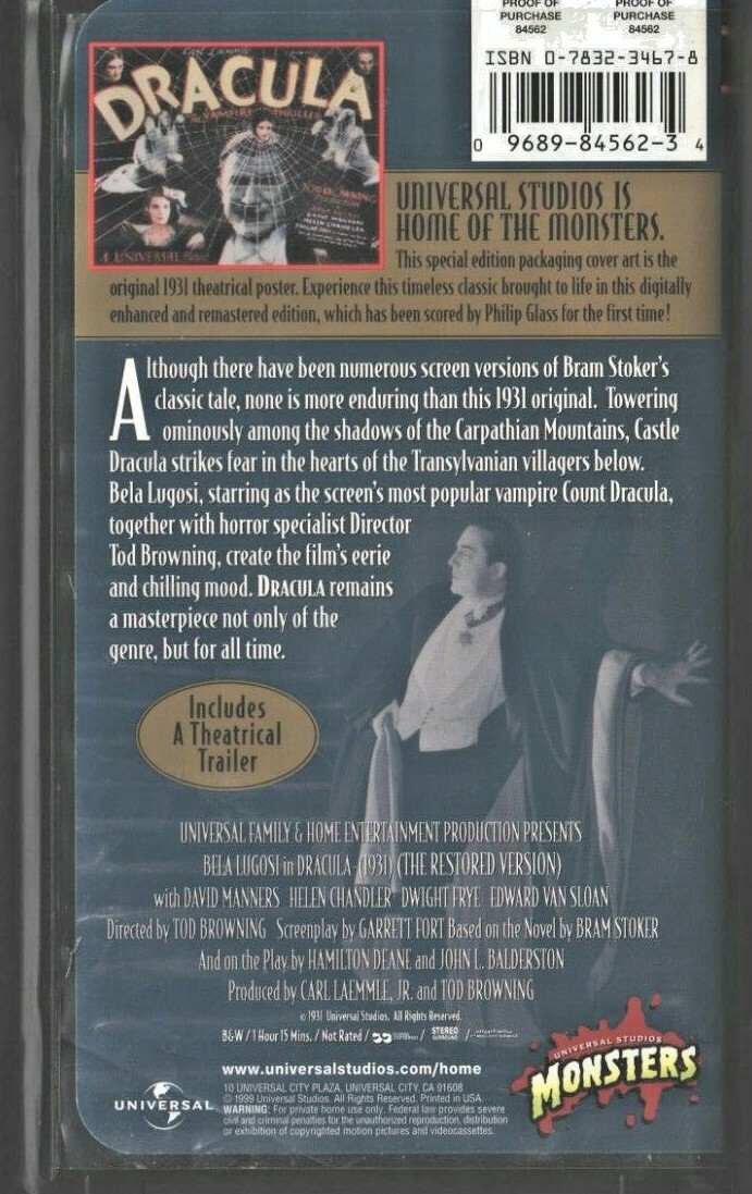 DRACULA Classic Monster Collection VHS  1999 Bela Lugosi  LN