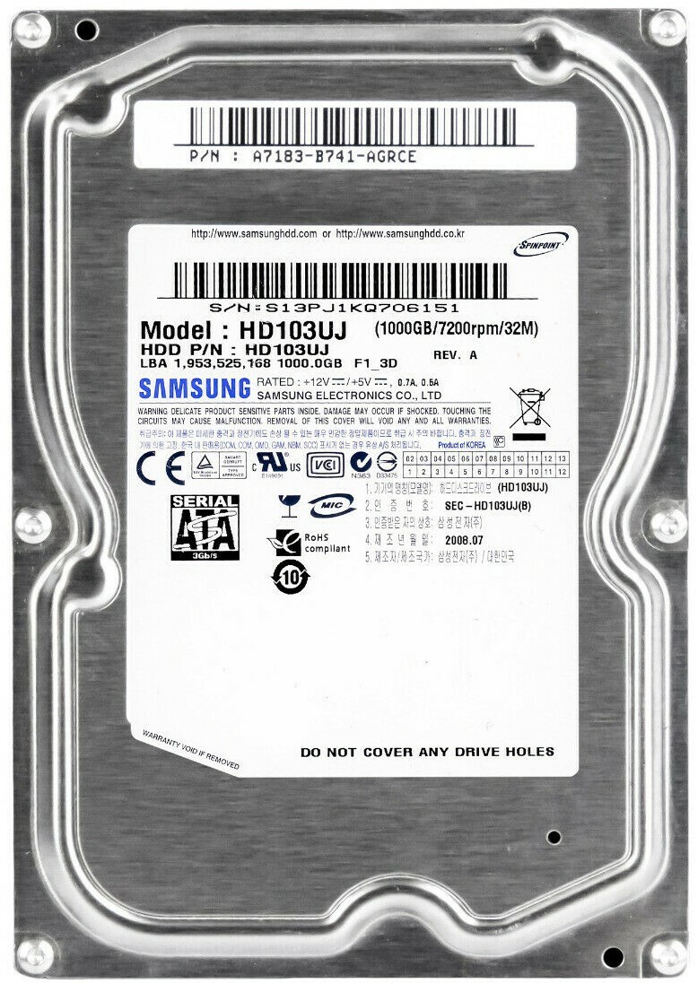Samsung 3.5インチHDD(SerialATA)/容量:1TB/回転数:5400rpm