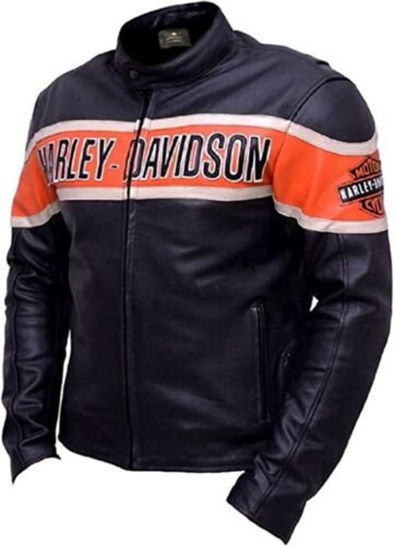 Pre-owned Harley-davidson Men's Hd Real Genuine Cowhide Biker Leather Jacket Harley Davidson Jacket In Black & Orange
