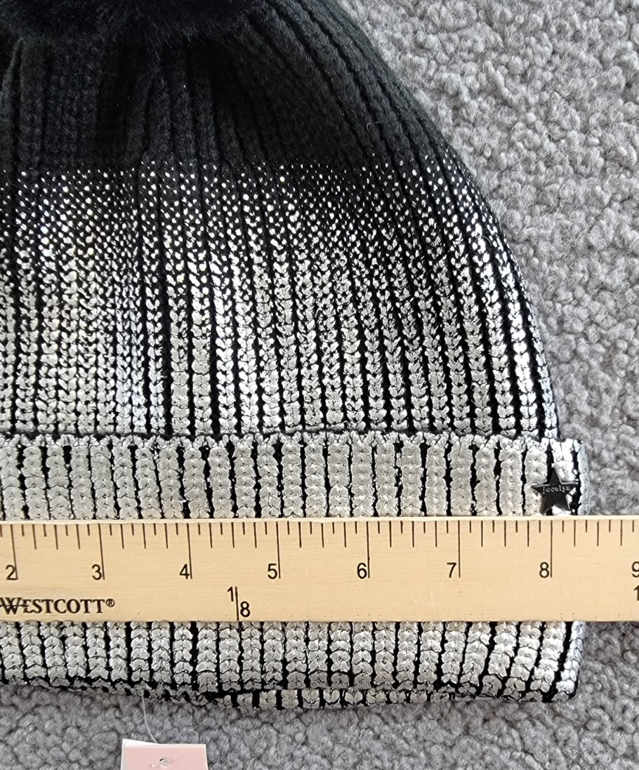 AQUA Ombré Knit Beanie Women's One Size Silver/Black Folded Cuff Pom Pom At Top - Picture 6 of 14