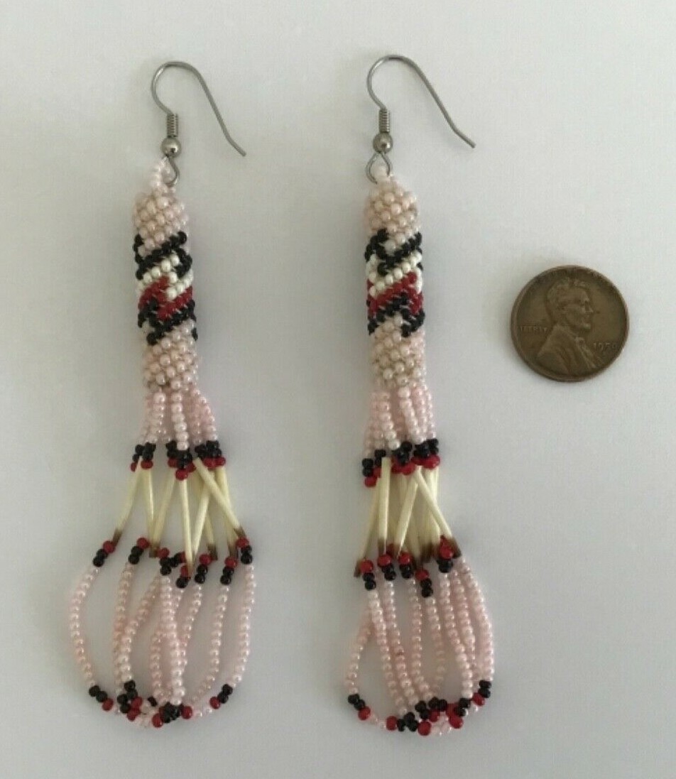 Vintage Pink White Red Black Seed Bead Porcupine Quill Dangle Pierced Earrings