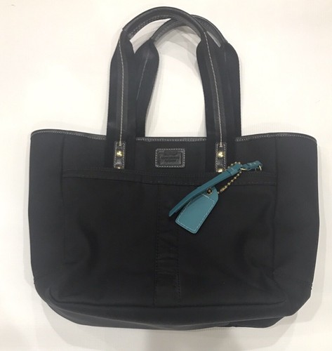 Coach Hampton Nylon Tote Handbag Purse Bag Black Teal A0768