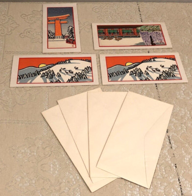 Vintage Set of 4 Holiday Postcards & 4 Envelopes - Kyoto Japan UCHIDA PRINT CO.