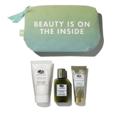 Origins Set with Cleanser, Plantscription Serum, Mega Mushroom Emulsion And Bag!