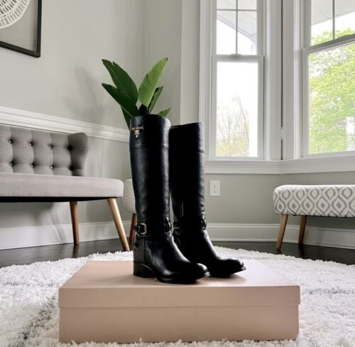 PRADA Cervo Logo Knee High Black Leather Riding Boots with PRADA Cervo Logo Knee High Black Leather Riding Boots with