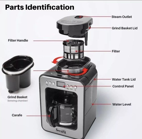 Secura Coffee Maker with Grinder, Programmable Grind and Brew Coffee