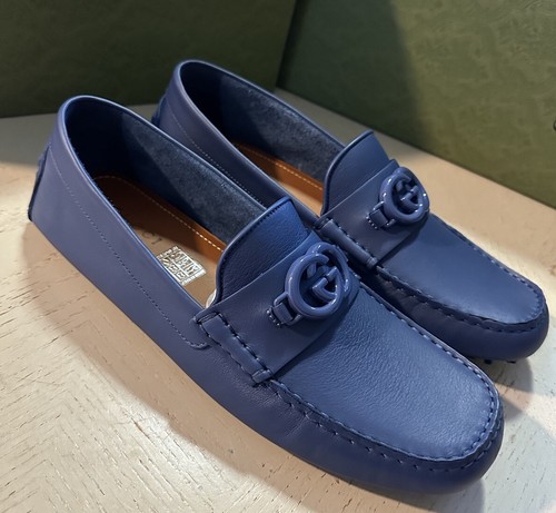 ※招き猫※ GUCCI レザーシューズ 386575 ブルー Gucci Men's 8.5 Loafers Blue Leather Horsebit Web Strap UK