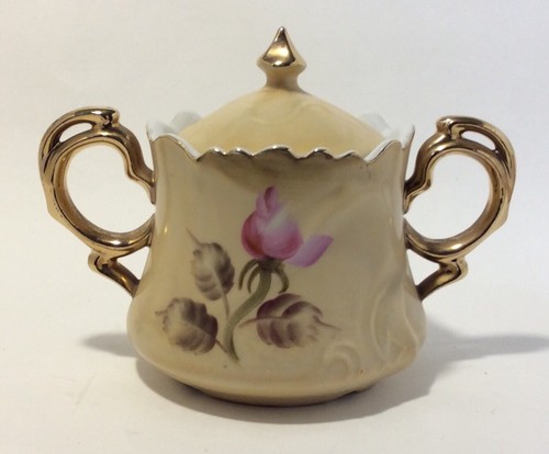 Vintage Lefton Cream & Sugar Heritage Brown w/ Pink Roses Floral NE 1867