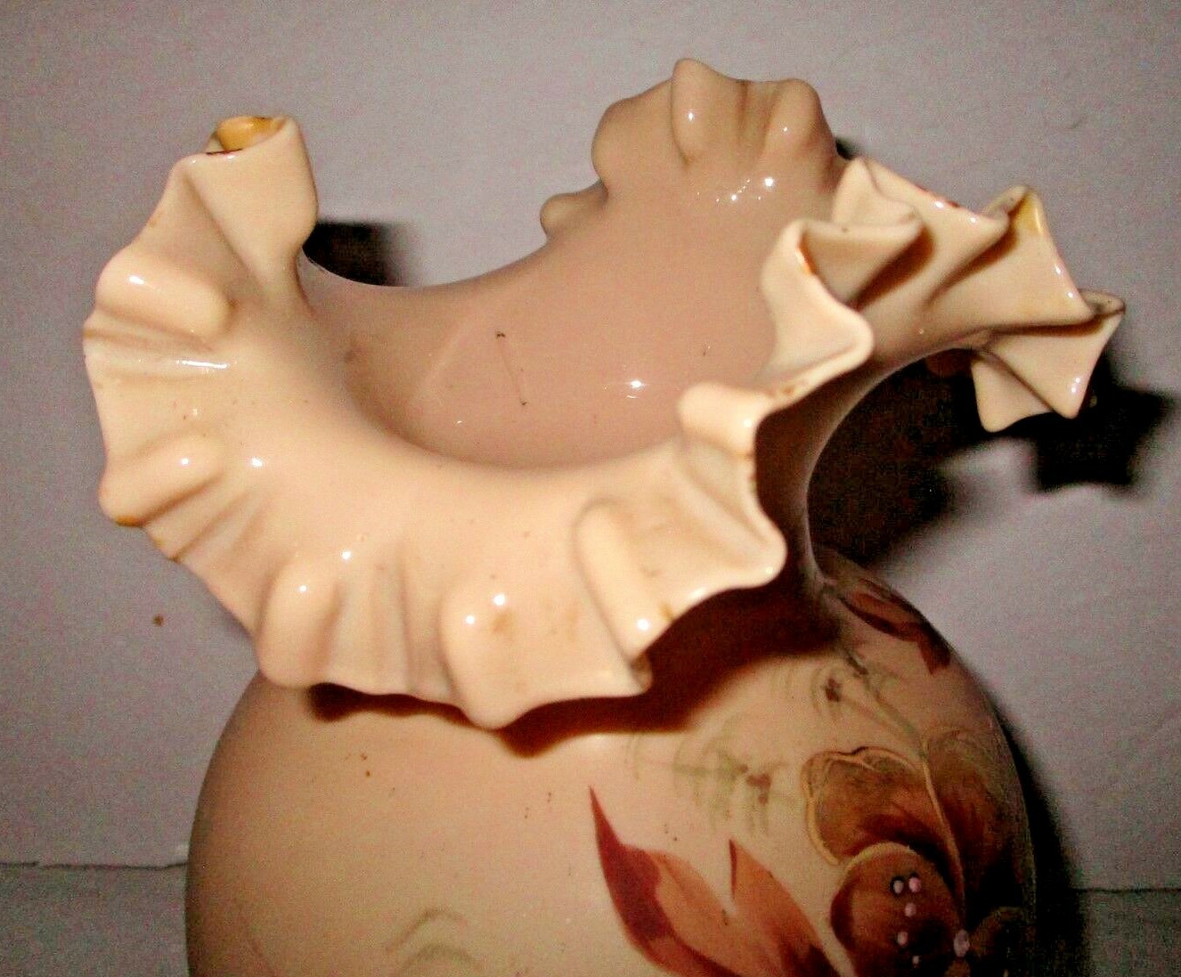 Antique Bristol Cased Glass Vase Hand Painted Ruffled Clambroth Enameled Floral