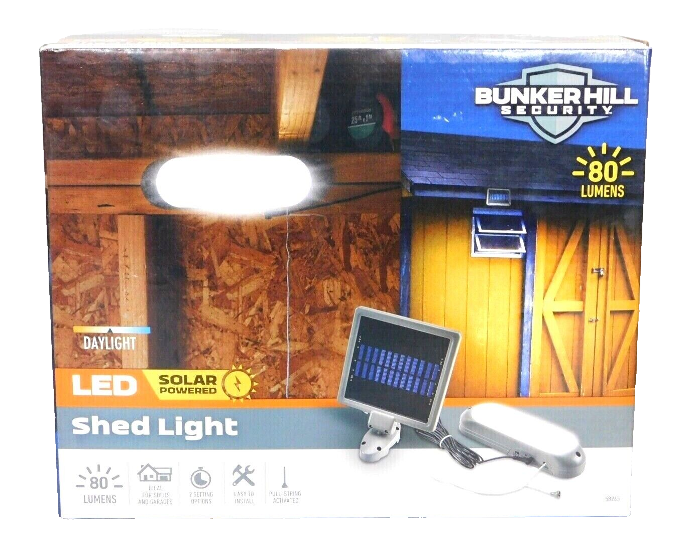 BUNKERHILL SECURITY LED solar charged INDOOR shed, garage light #58965, NEW