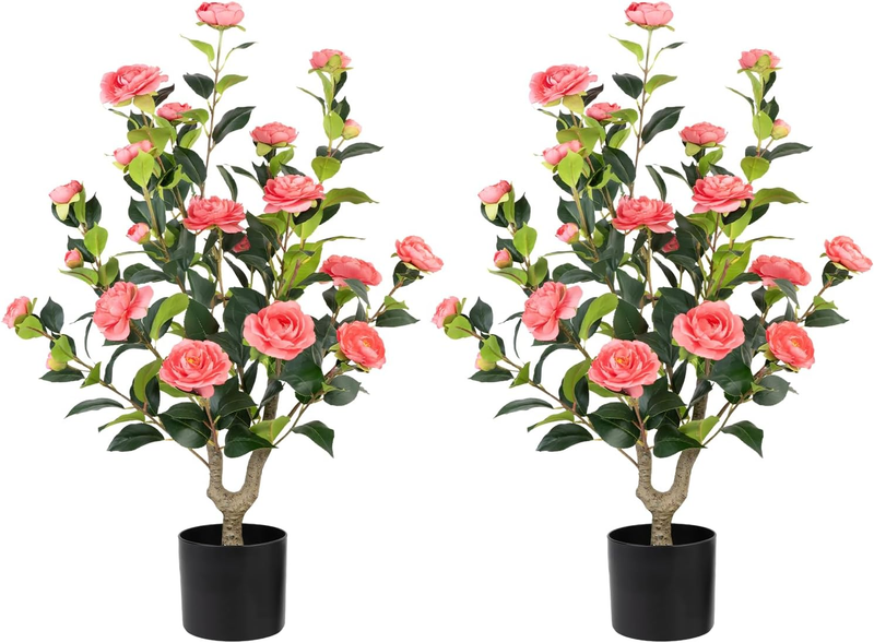 Artificial Camellia Tree 2 Pack - Realistic Camellia Plants in Pot with Pink Flowers, Lifelike Faux Greenery for Living Room, Patio, or Wedding,Pink