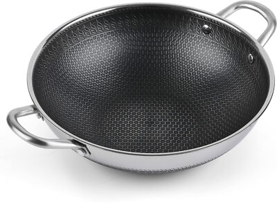 12.5  Wok Pan Dual Honeycomb Stainless Steel with Nonstick Coating
