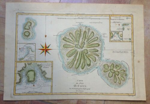 TAHITI POLYNESIA 1780 by RIGOBERT BONNE ANTIQUE ENGRAVED SEA CHART IN COLORS