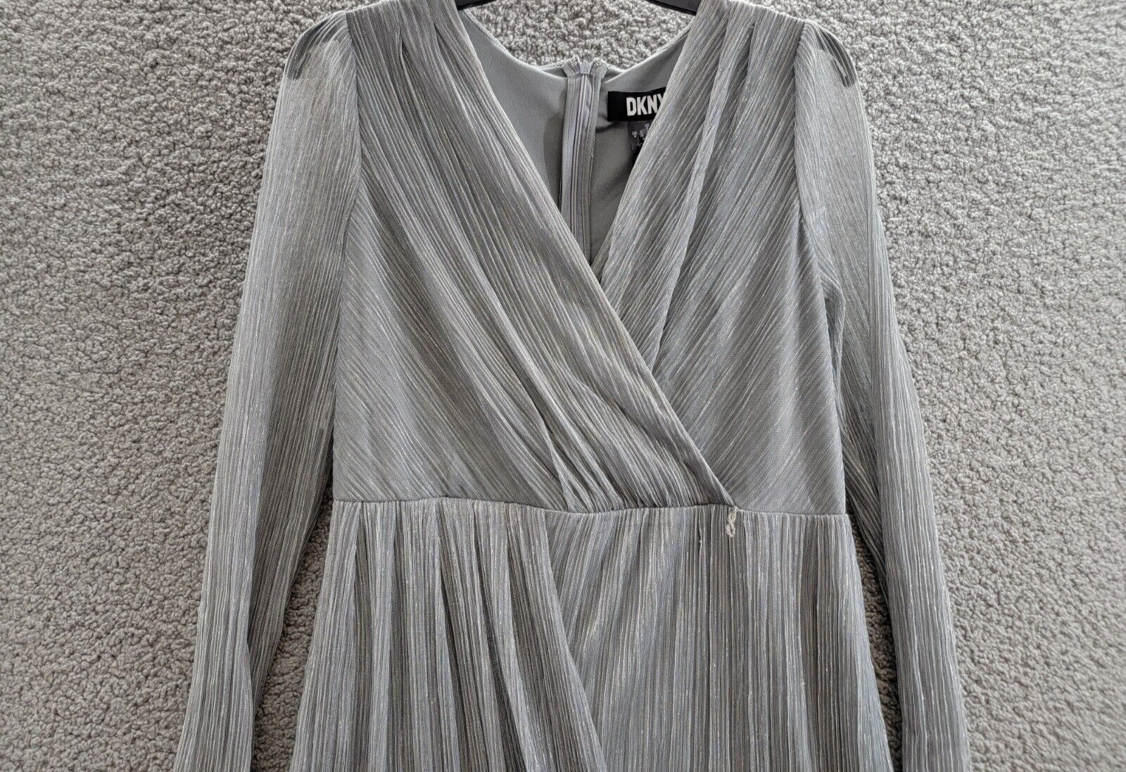 DKNY Crinkled Metallic Surplice V-Neck Dress Women's 8 Silver Back Zip Closure - Picture 3 of 17