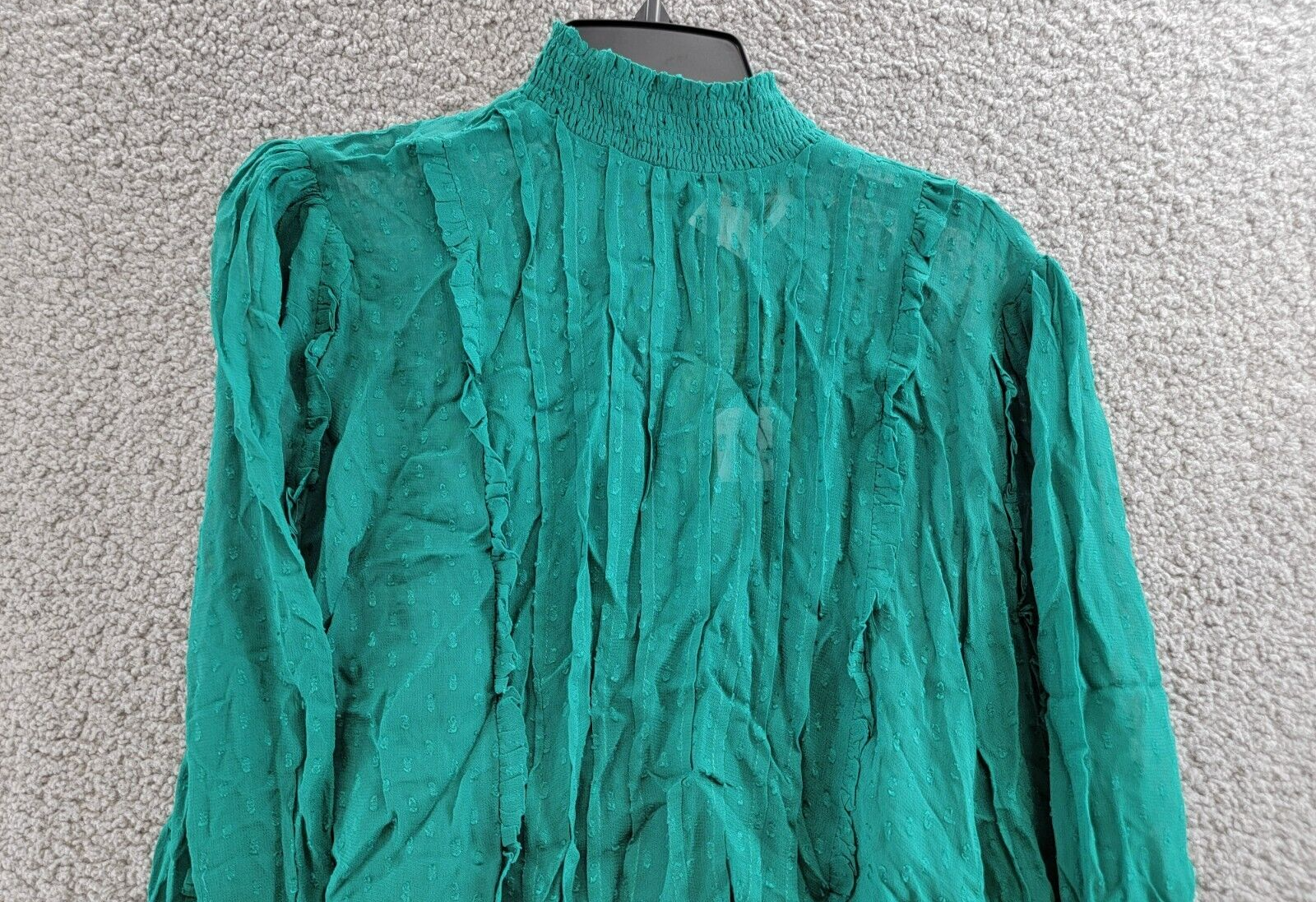 FARM Rio Ruffled Clip Dot Blouse Women's M Emerald High Smocked Neck Long Sleeve - Picture 3 of 16