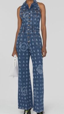 $790 Ahluwalia Women's Blue Denim Logo Halter-Neck Mombasa Jumpsuit Size 12