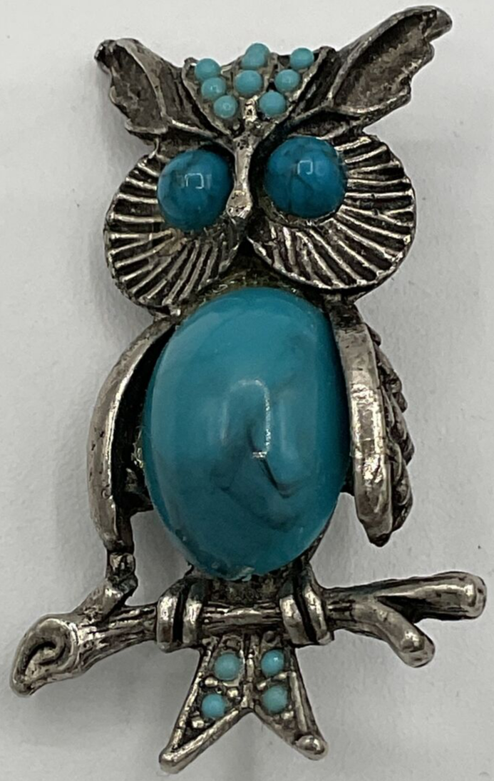 Vintage Figural Owl Brooch Pin MCM Turquoise Colored Jelly