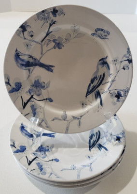 Paula Deen Indigo Blossom Set of FOUR Salad Plates 7-3/4'' Blue Flowers Birds