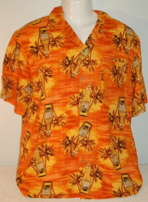 Mens ORANGE HAWAIIAN SHIRT Casual S/S Button Up BEER BOTTLES Palm Trees SIZE M