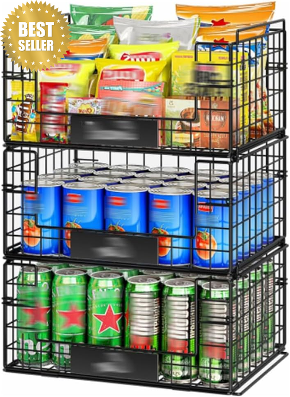 3 Pack Stackable Wire Baskets, with Handles, Stackable and save Space, Metal Sto