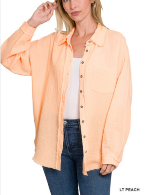 ZENANA 1271 Double Gauze 100% Cotton Oversized Raw Edge Woven Shirt