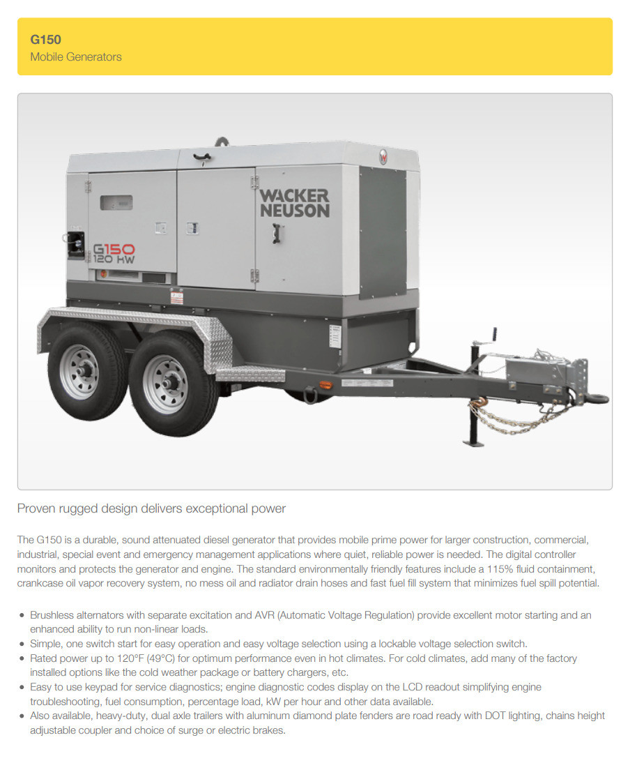 121kW Wacker Mobile Diesel Generator G150 | S/N: 20179295