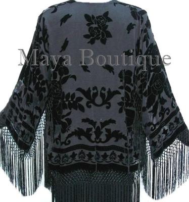 Pre-owned Maya Matazaro Flapper Fringe Jacket Kimono Black Rayon Blend Burnout Velvet Short Maya Jacket