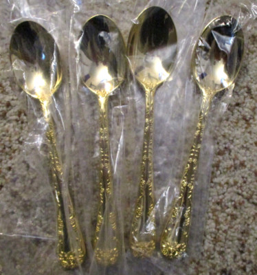 Wm Rogers Son ENCHANTED ROSE 4 Tea Spoons Gold Tone Plated Silverware Flatware