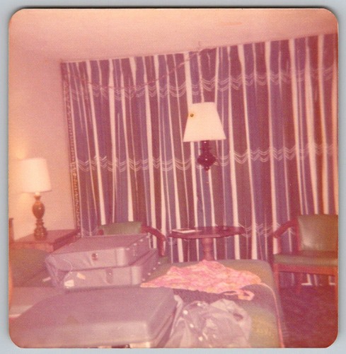Vtg Color Snapshot Hotel Room Travel Scene Luggage 1970s
