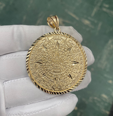 Larg Big Real 14k Yellow Gold Aztec sun calendar Pendant Charm