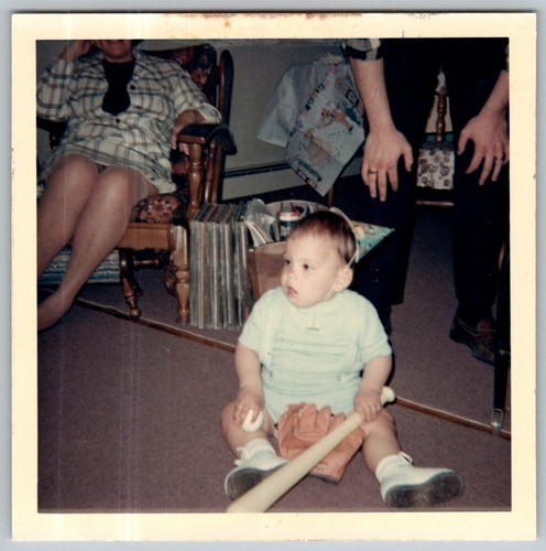 Vtg Color Snapshot Cute Baby Boy 1st Birthday Baseball Bat Glove Ball May 3 1967