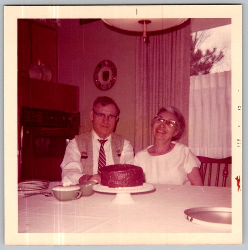 Vtg Color Snapshot Senior Elderly Couple Man Woman Birthday Chocolate Cake Feb