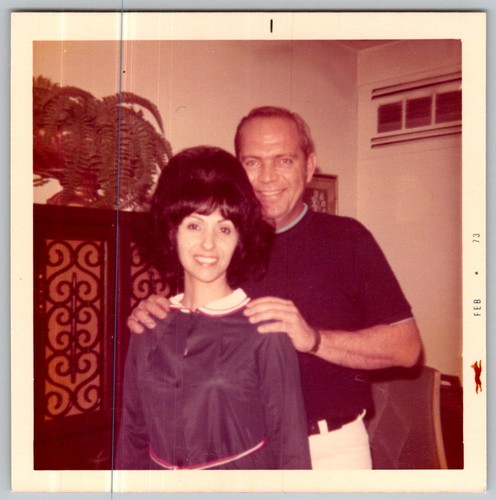 Vtg Color Snapshot Smiling Couple Woman Bouffant Hair Man Hand On Shoulder Feb
