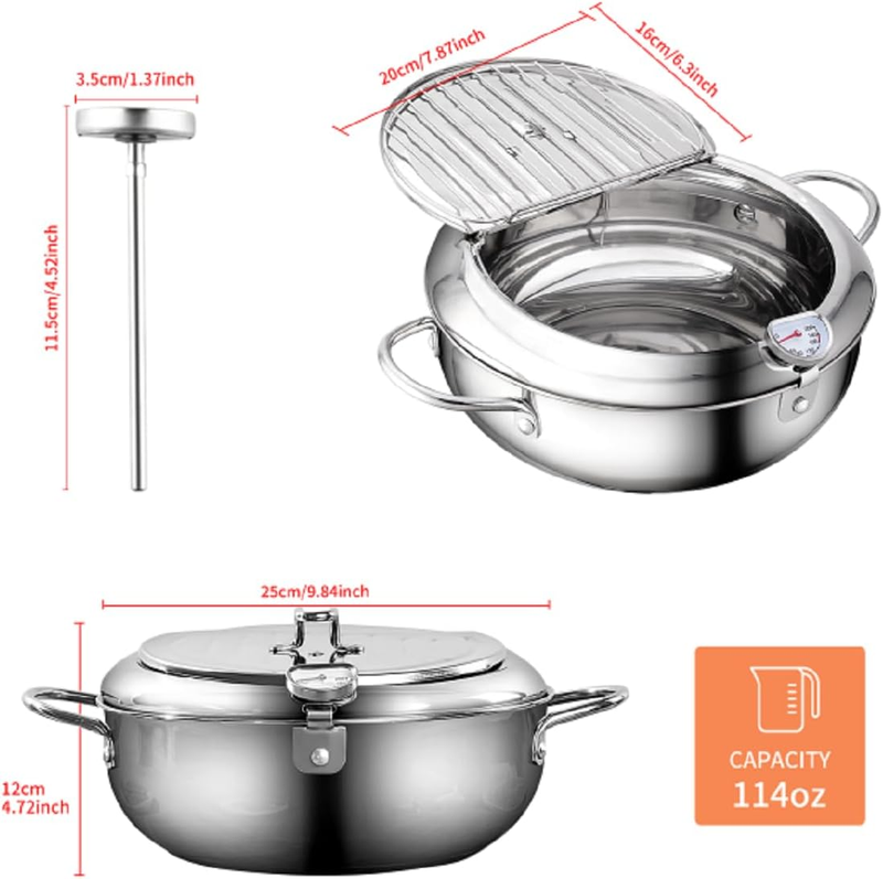3.4L Deep Fryer Pot, 304 Stainless Steel Deep Fryer with Oil Drip Drainer Rack a
