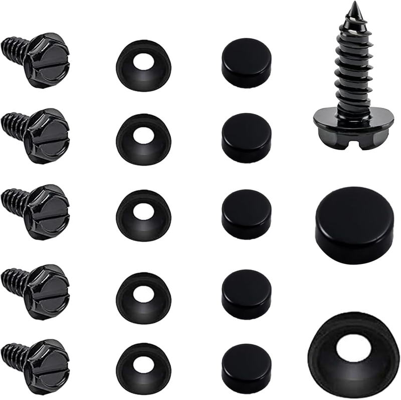 License Plate Screws Black Stainless Steel Self Tapping Kit 18 Pcs Caps Washers