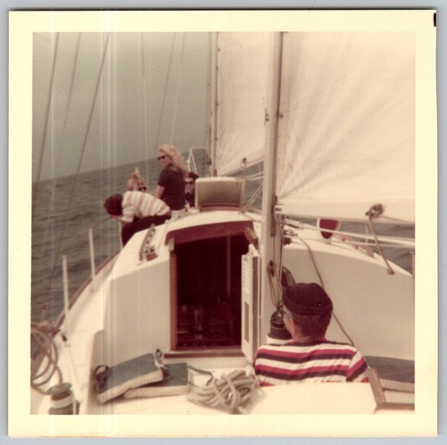 Vtg Color Snapshot People Sailing Boat Ocean Water Striped Shirt 7-1974 1974