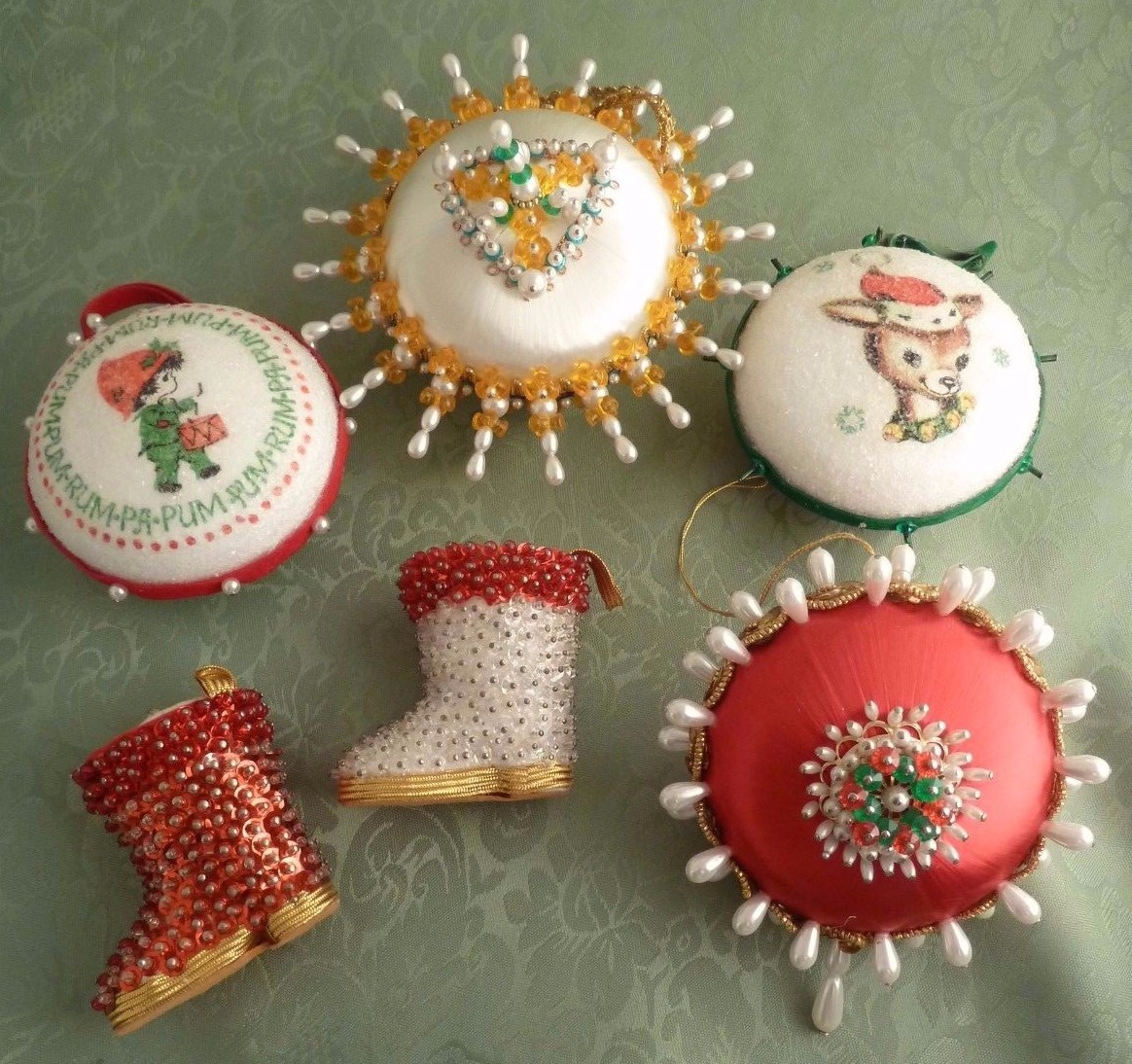 Vintage Beaded Ornament Set of 6 Handmade Christmas Bead Sequin Glitter Assorted