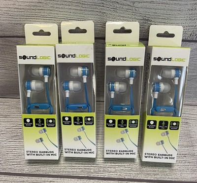 4 Pack - New - SoundLogic - Stereo Earbuds w/ Built-In Mic - Blue
