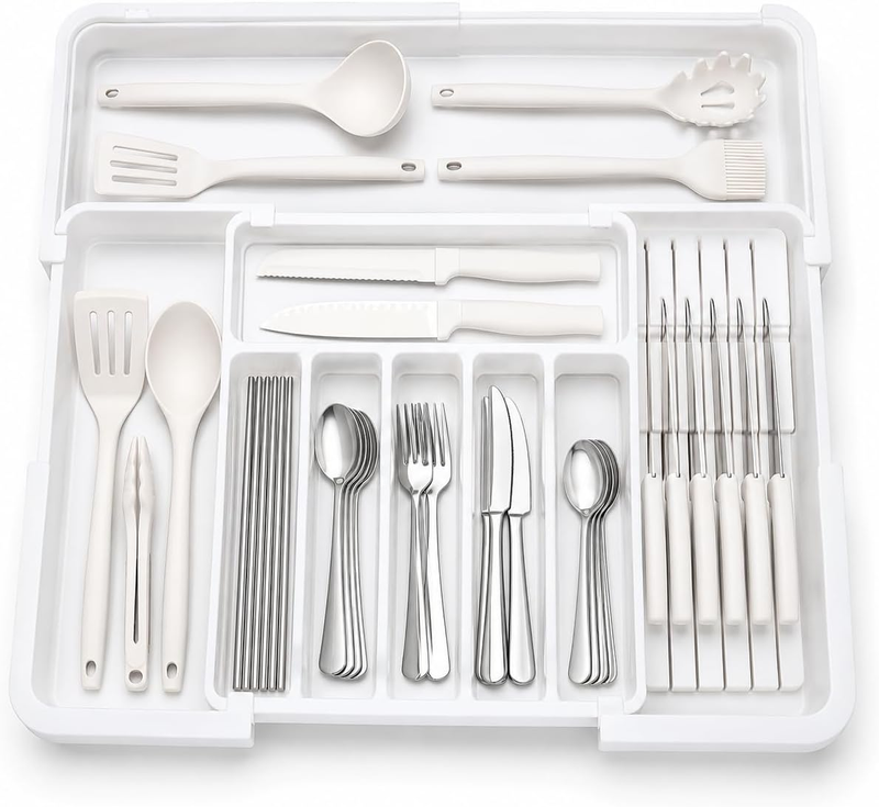 Larger Cutlery Drawer Organiser, Expandable Utensil Drawer Organiser with 9 Comp