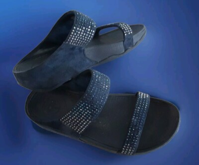 FITFLOP-Flare Rhinestone Studded Navy Two Strap Chic Comfort Slide Sandals Sz 8 