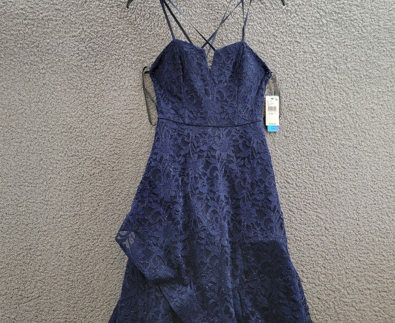 BCX Glitter Floral Spaghetti Strap Notch V-Neck Gown Juniors' 1 Navy Back Zip - Picture 3 of 16