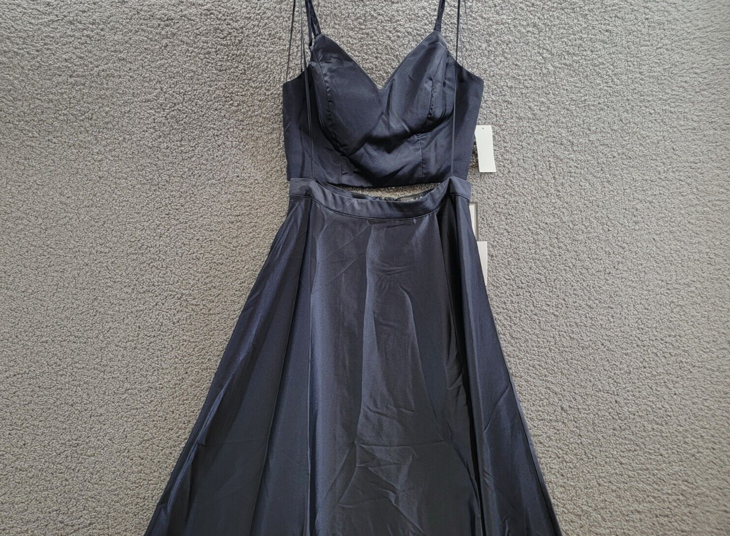 Crystal Doll 2-Pc. Satin Ball Gown Juniors' 5 Navy V-Neck Slit Back Zip Closure - Picture 3 of 17